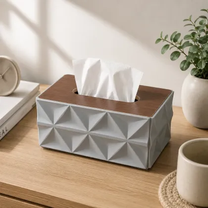 Diamond Geometric Tissue Box Holder with Walnut Wood Lid - Gray
