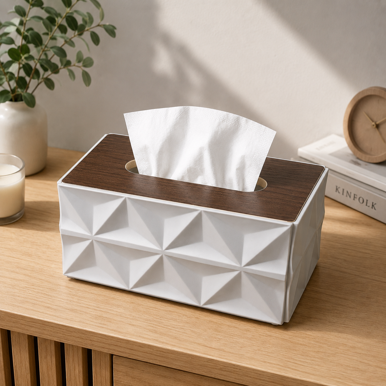 Diamond Geometric Tissue Box Holder with Walnut Wood Lid - White