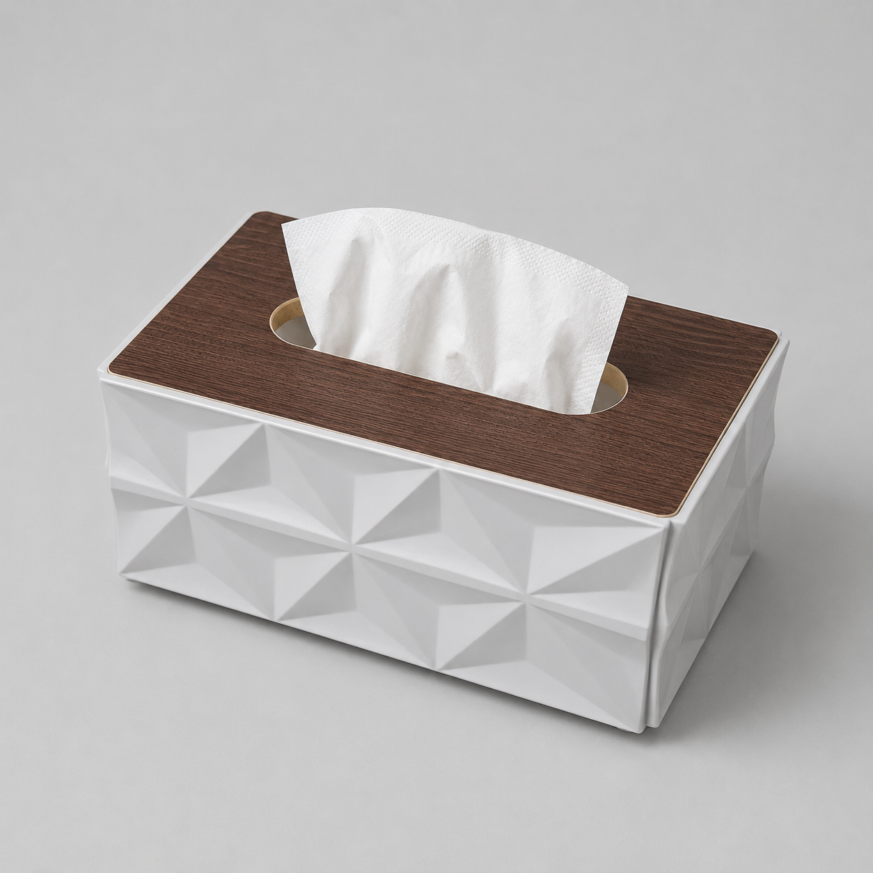 Diamond Geometric Tissue Box Holder with Walnut Wood Lid - White