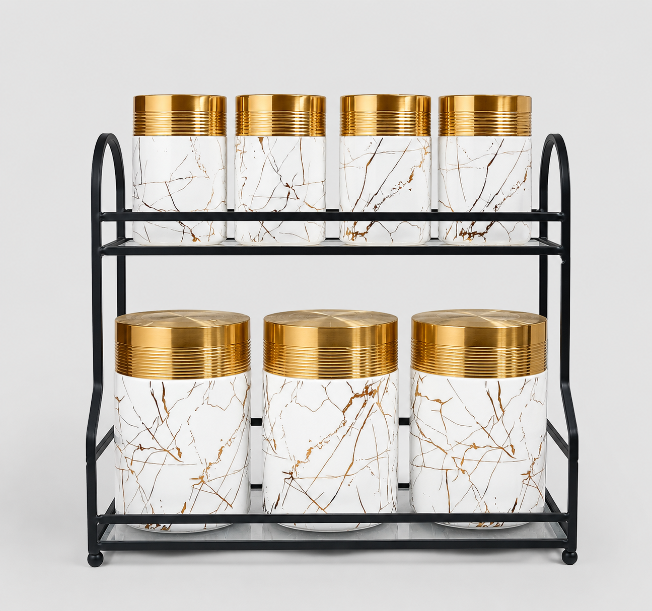 Marble & Gold Luxury Ceramic Canister Set with Rack – 7 Piece