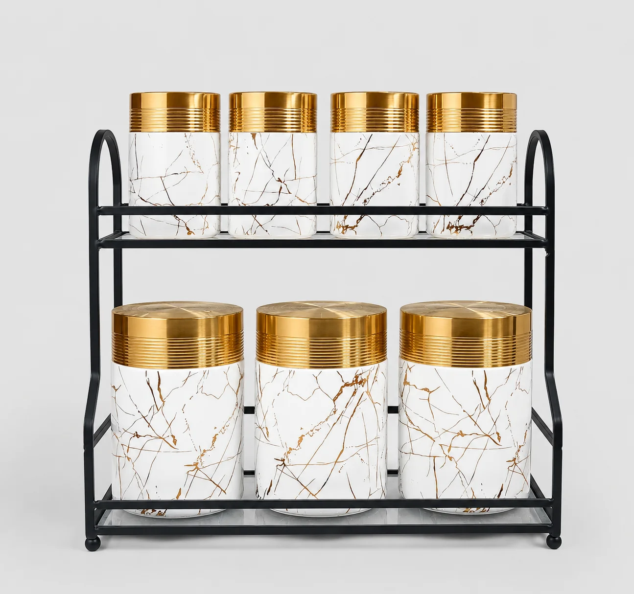 Marble & Gold Luxury Ceramic Canister Set with Rack – 7 Piece