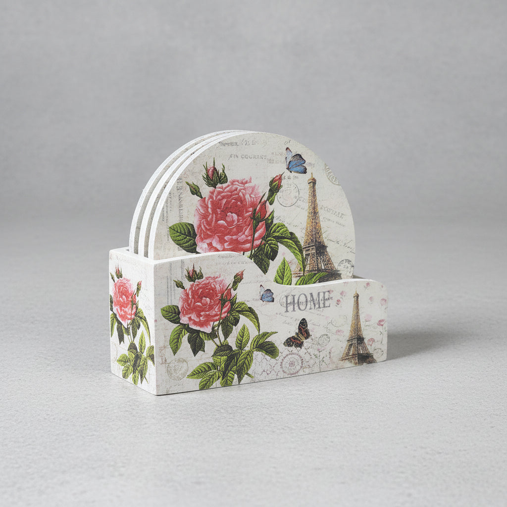 Paris Floral Coaster Set with Holder
