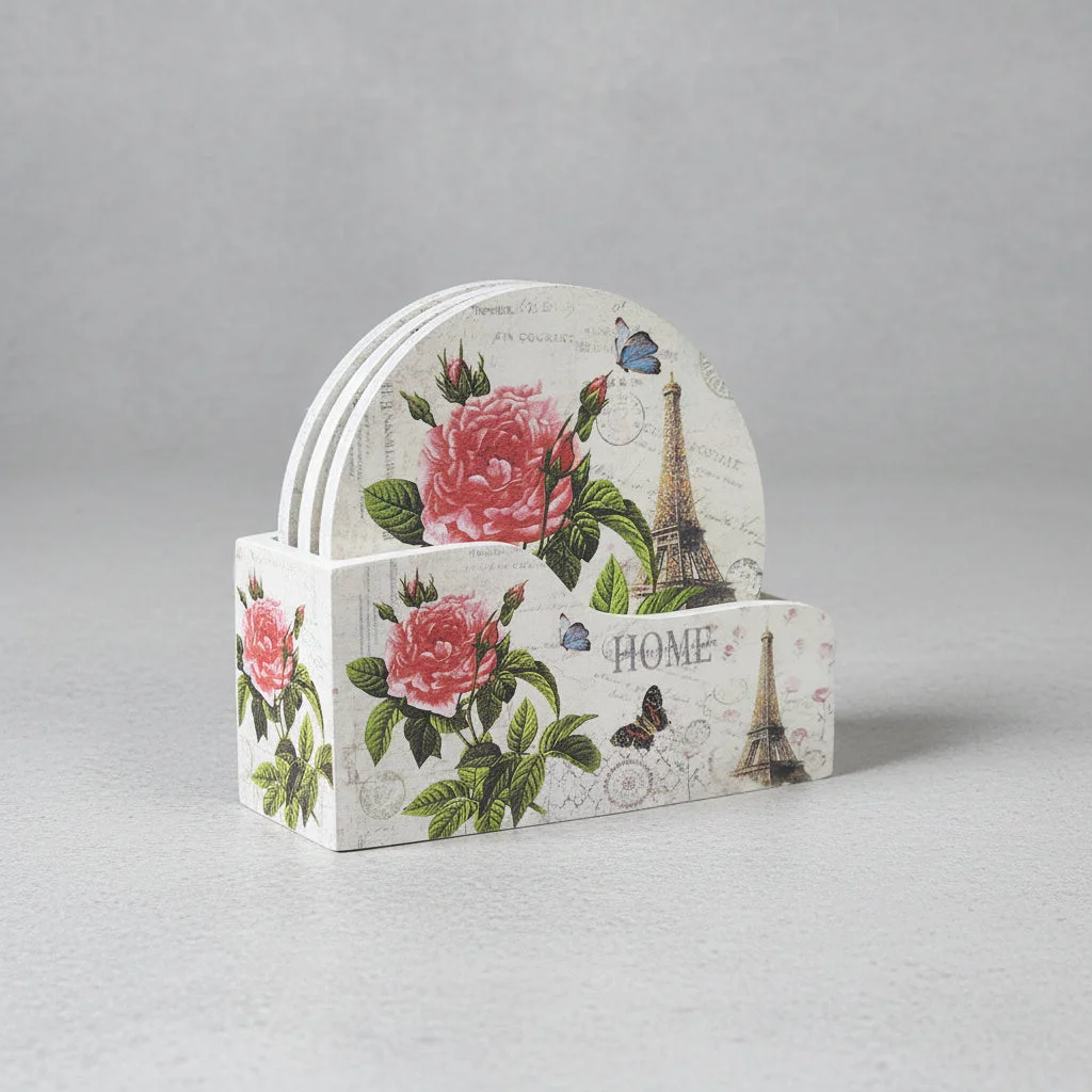 Paris Floral Coaster Set with Holder