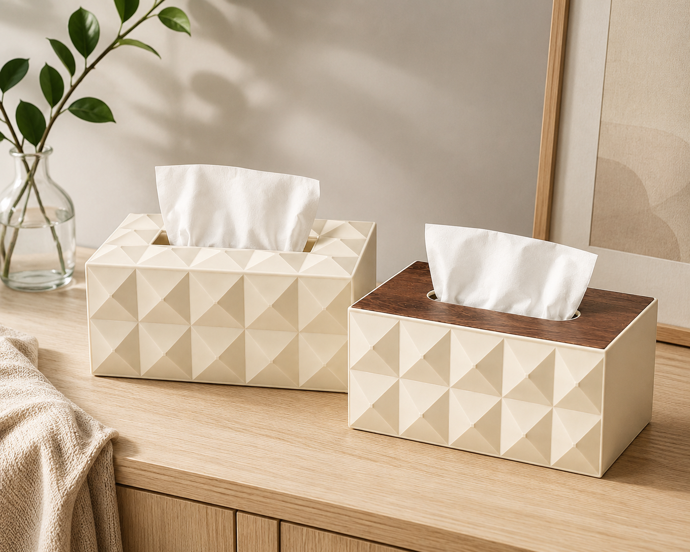 Reversible Geometric Tissue Box Holder | Ivory & Walnut Wood Top