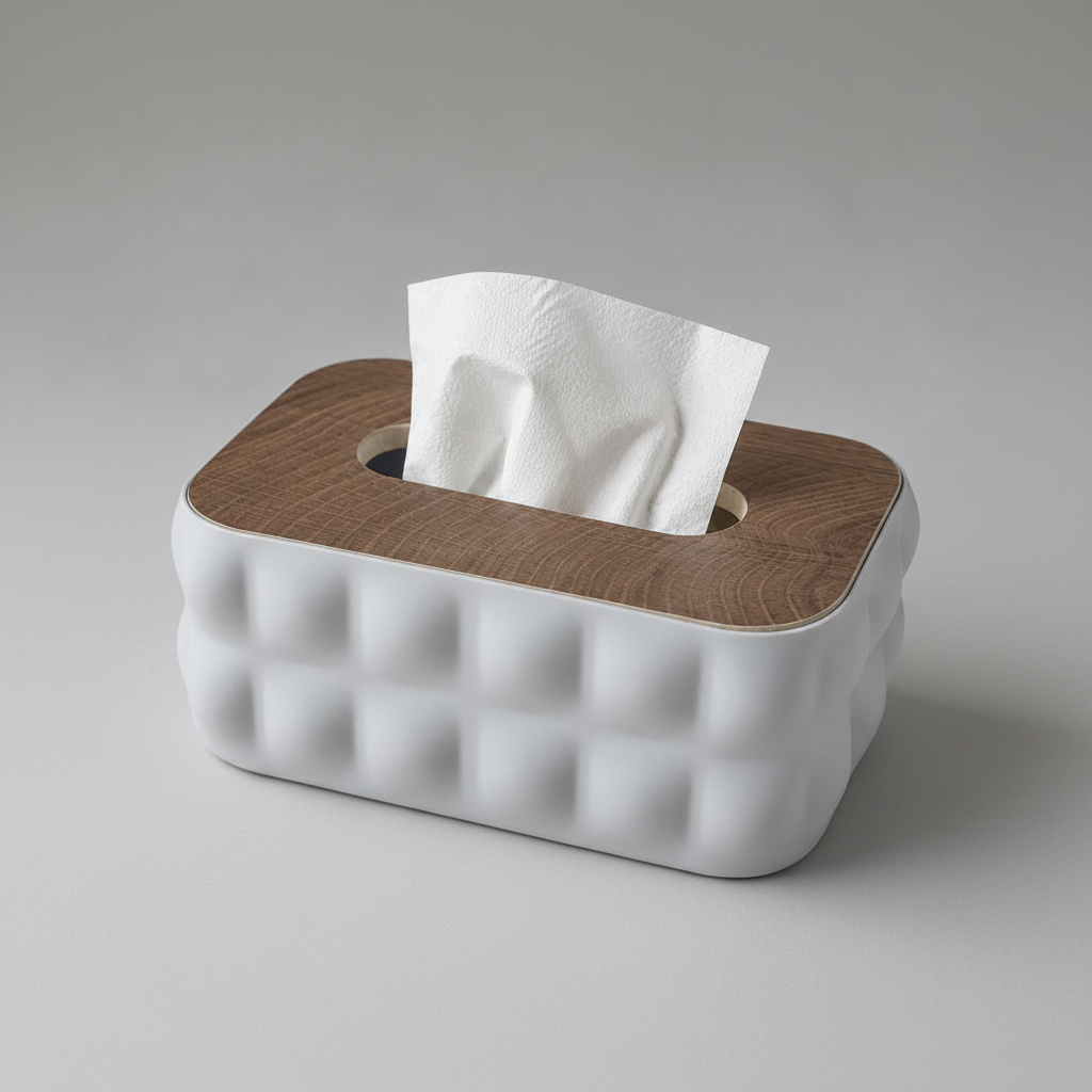 Sculptural Tissue Holder with Wood Lid - Gray