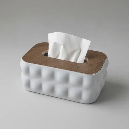 Sculptural Tissue Holder with Wood Lid - Gray
