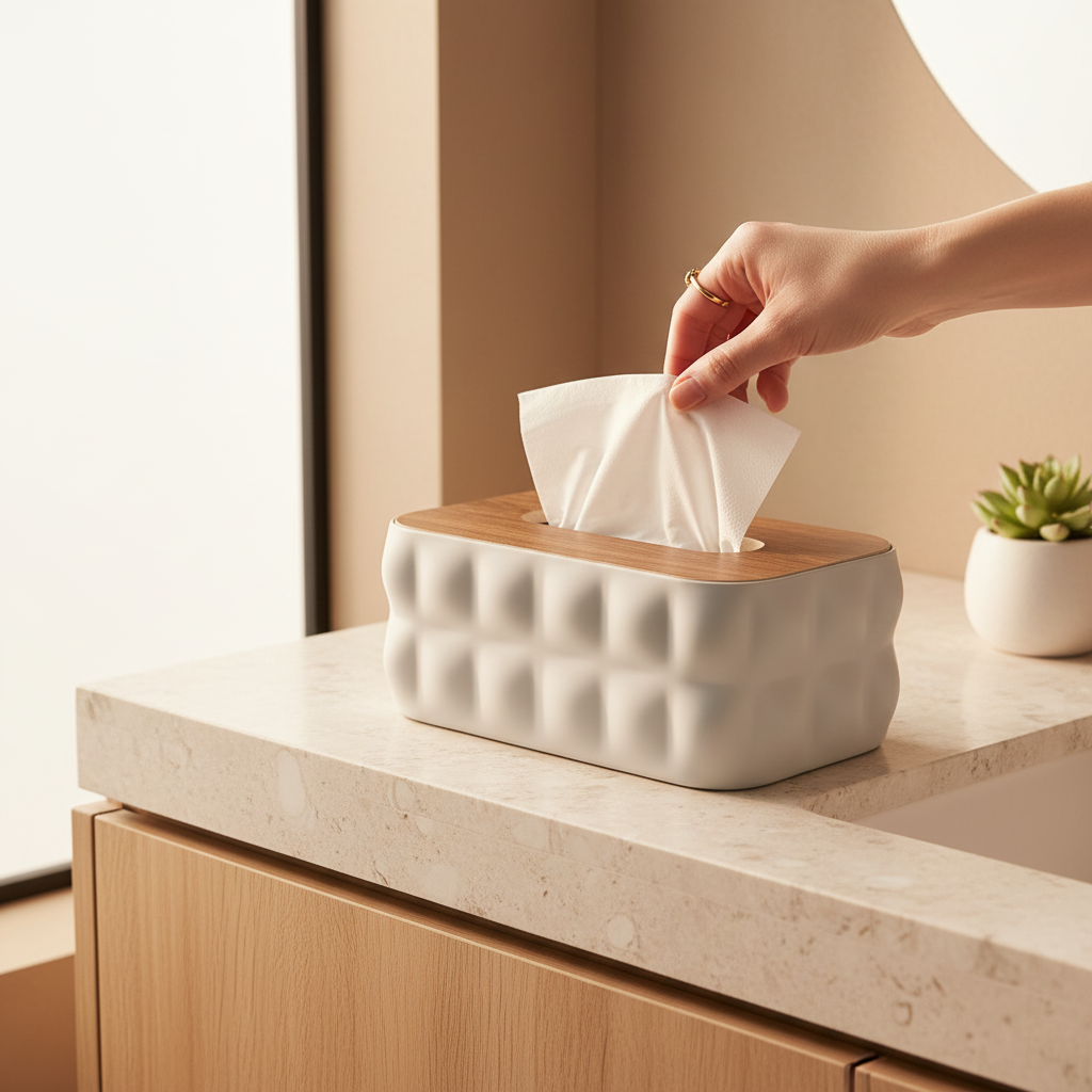Sculptural Tissue Holder with Wood Lid - Gray
