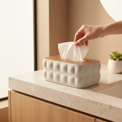 Sculptural Tissue Holder with Wood Lid - Gray