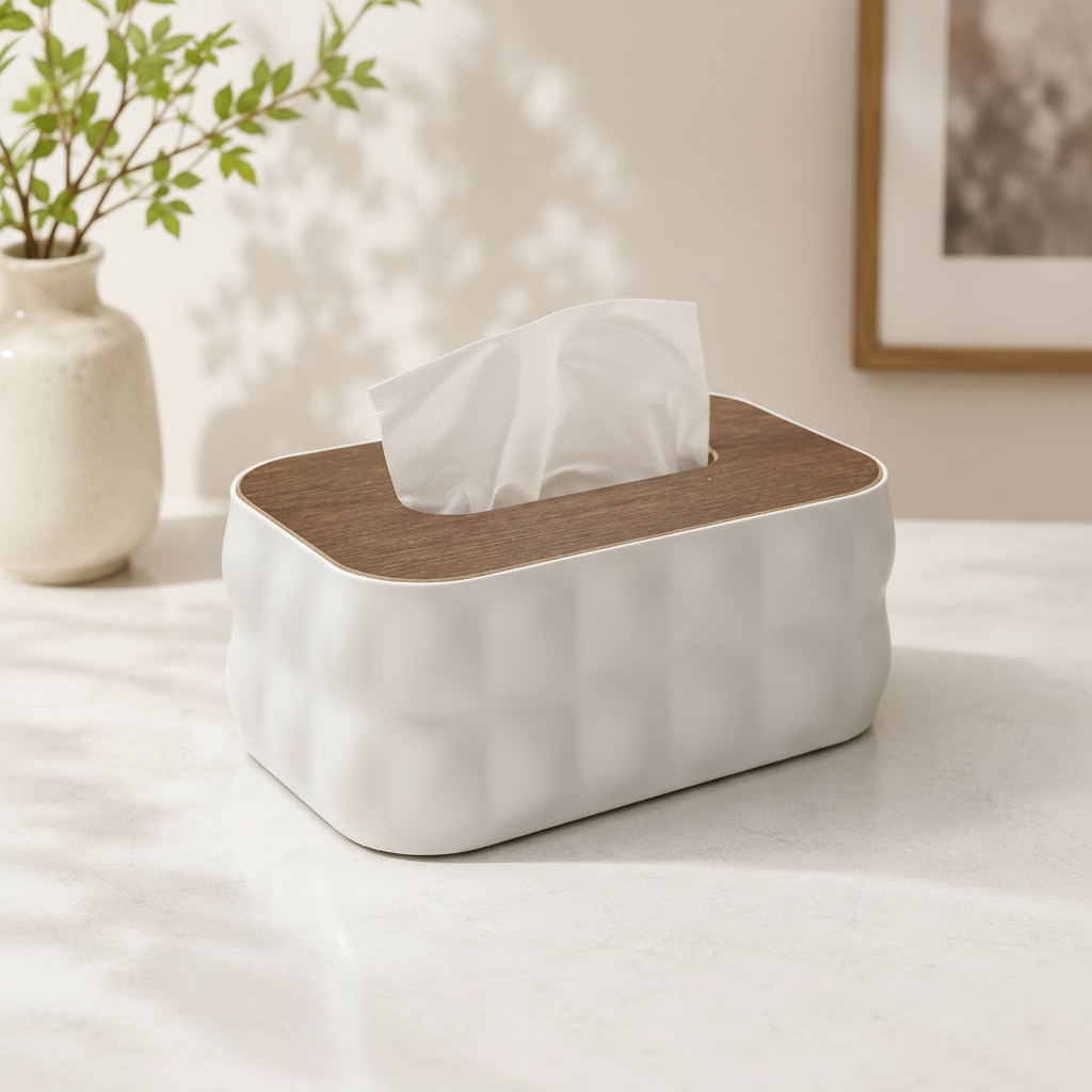 Sculptural Tissue Holder with Wood Lid - White