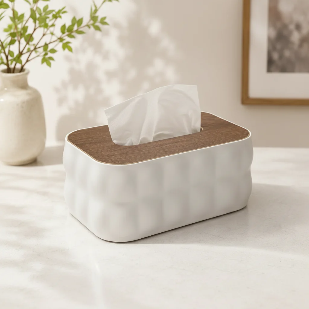 Sculptural Tissue Holder with Wood Lid - White