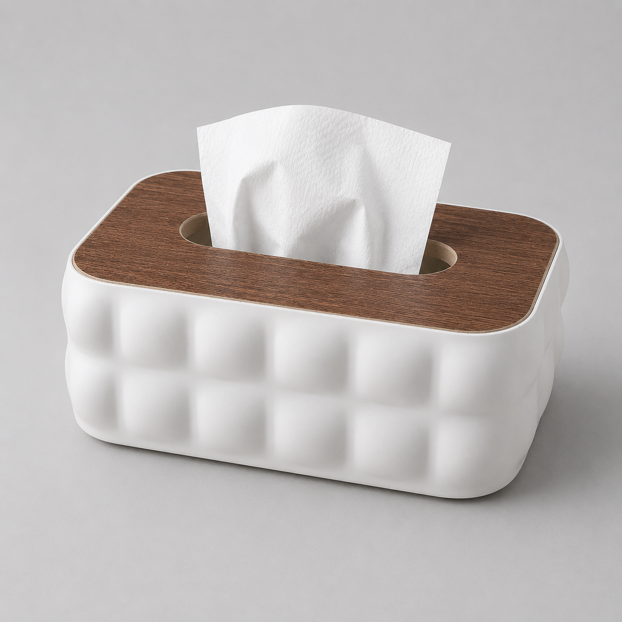 Sculptural Tissue Holder with Wood Lid - White
