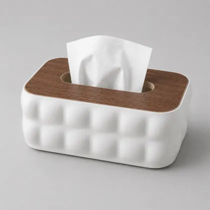 Sculptural Tissue Holder with Wood Lid - White