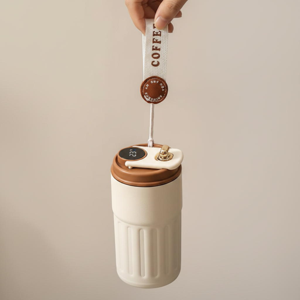 Smart Temperature Display Coffee Tumbler — Travel Mug with Strap