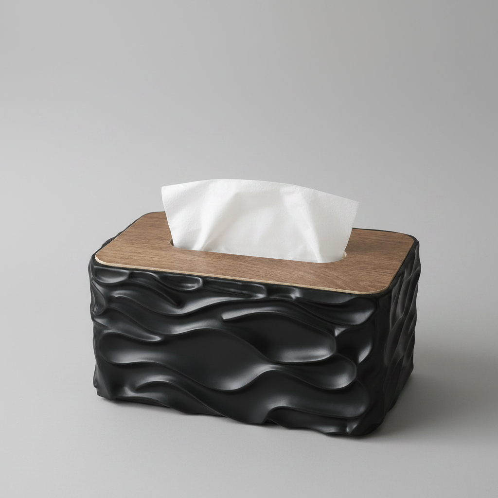 Wave Texture Tissue Holder with Wooden Lid - Black