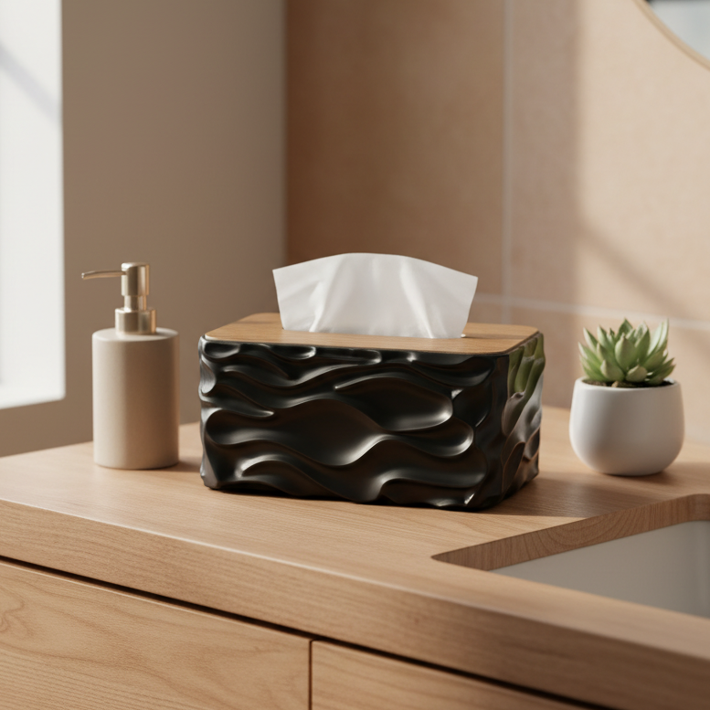Wave Texture Tissue Holder with Wooden Lid - Black