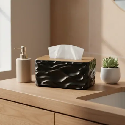 Wave Texture Tissue Holder with Wooden Lid - Black