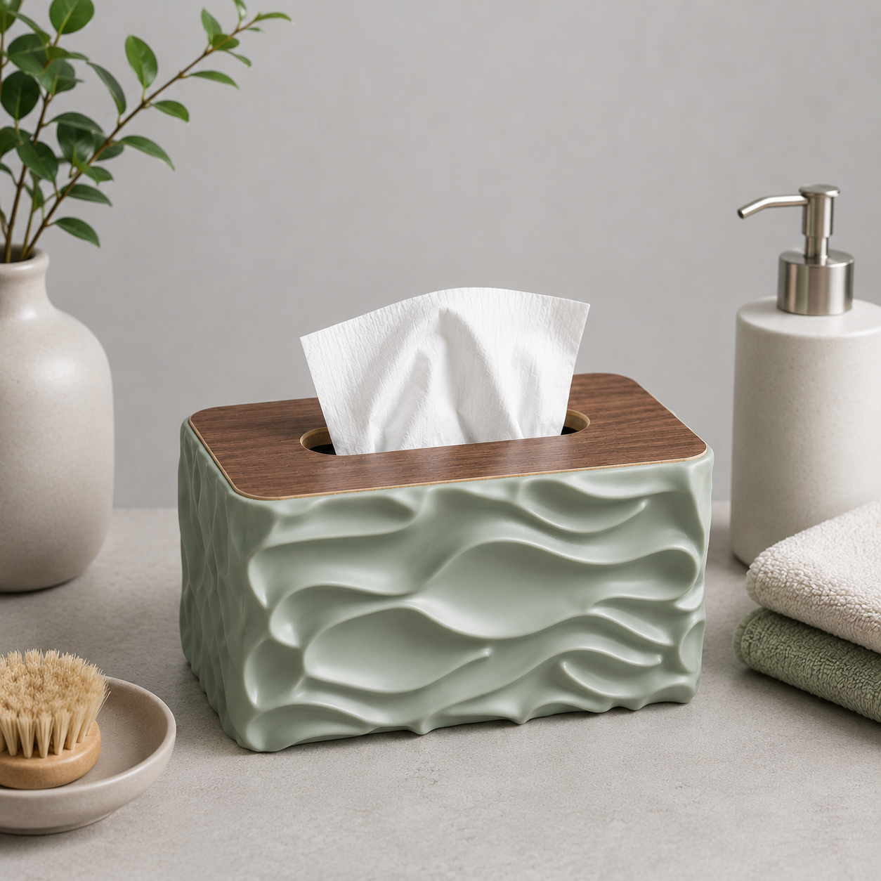 Wave Texture Tissue Holder with Wooden Lid - Sage Green
