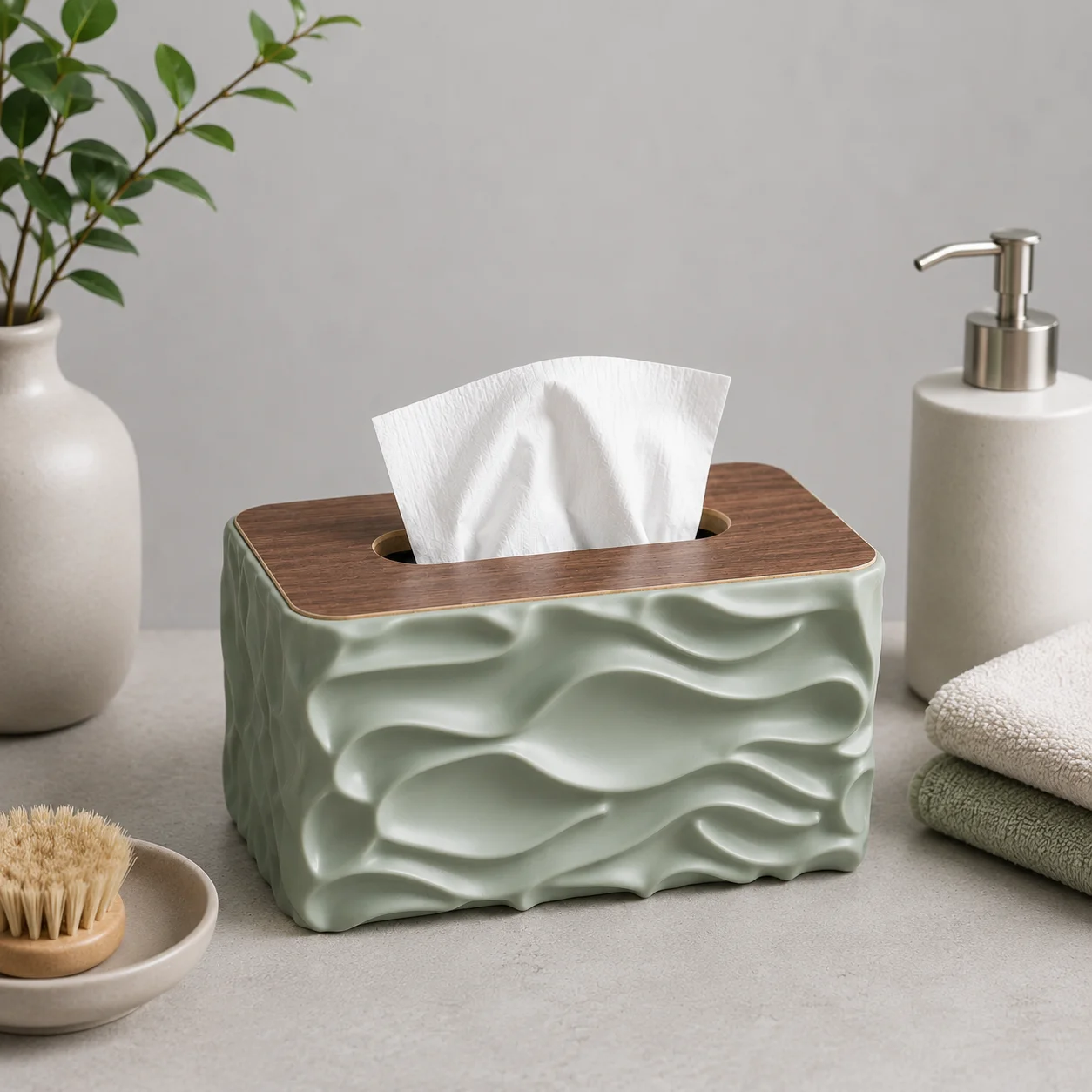 Wave Texture Tissue Holder with Wooden Lid - Sage Green