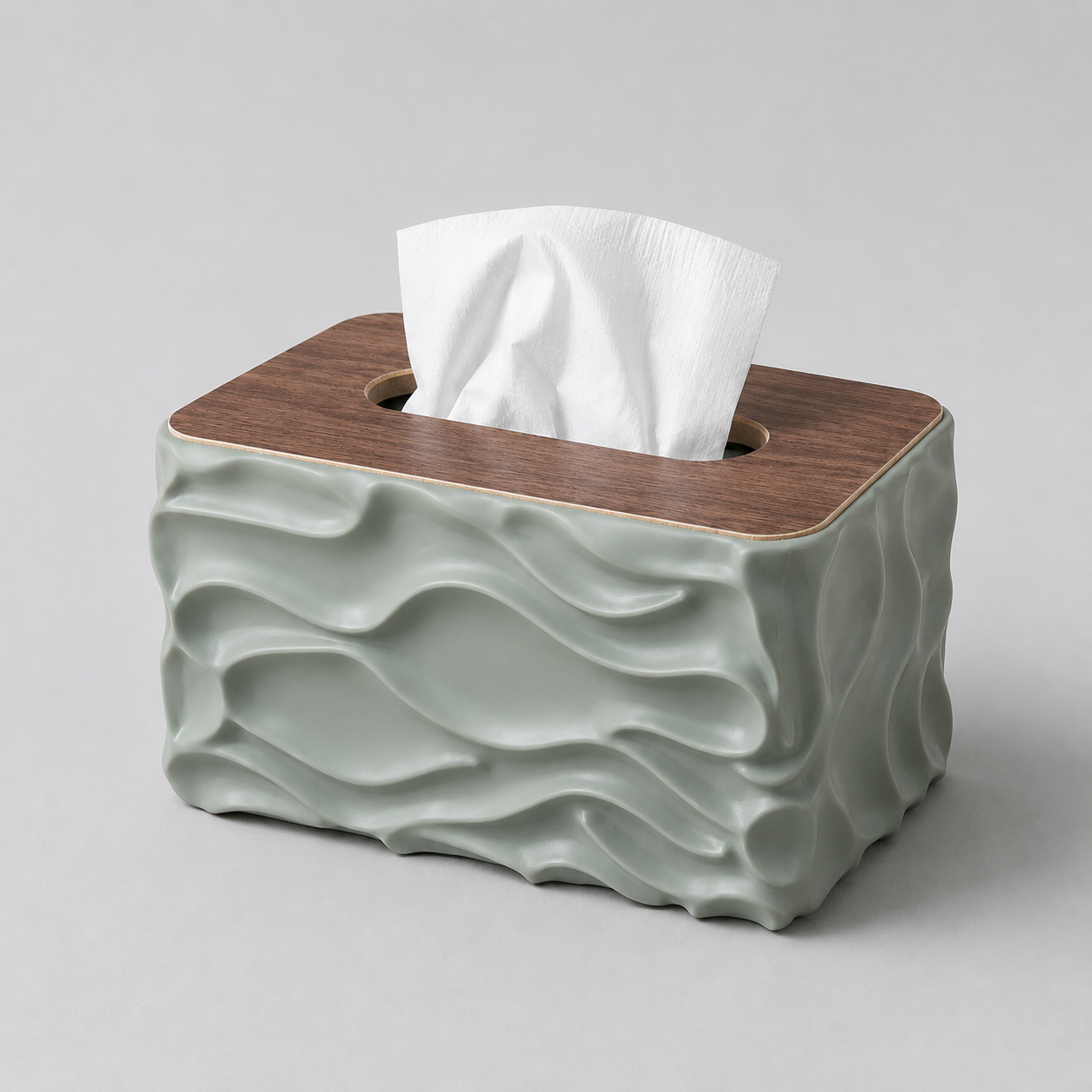 Wave Texture Tissue Holder with Wooden Lid - Sage Green