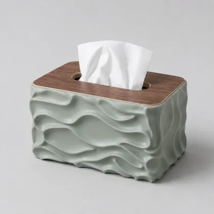 Wave Texture Tissue Holder with Wooden Lid - Sage Green